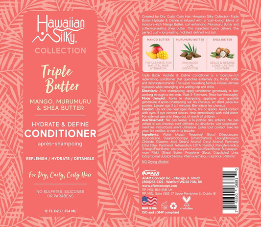 Hawaiian Silky Triple Butter Conditioner, 12 fl oz with Shea Butter for Replenish, Hydrate & Detangle Wash | for Dry, Curly & Coily Hair | No Sulfate, Silicones or Parabens