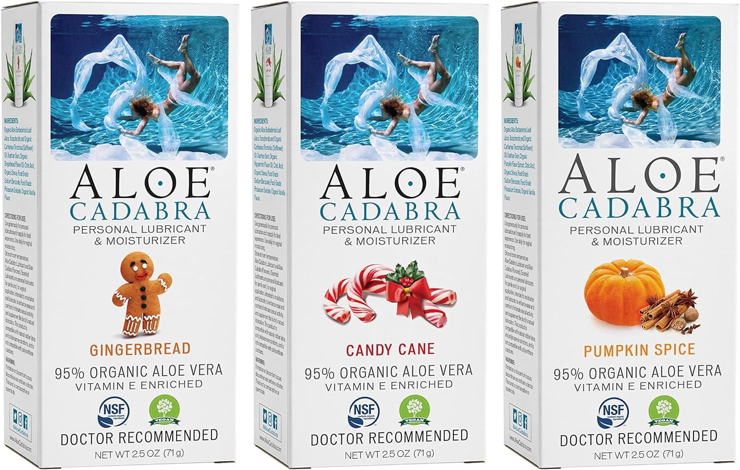 Aloe Cadabra Gingerbread, Candy Cane, Pumpkin Seasonal Special, Best Organic Natural Water-Based Lubricant for Women, Men and Couples, 2.5oz (Bundle of 3)