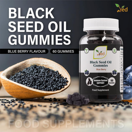 Ved Black Seed Oil Gummies With Blackcurrant Flavour, Raw Unfiltered Black Seed Oil Gummies With Mother Culture, Vegan Health Supplement For Men And Women- 60 Chews 30 Days’ Supply