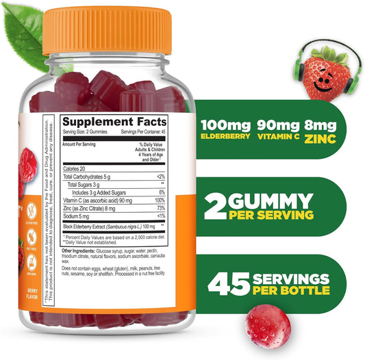 Lifeable Kids Immune Support Gummies | Elderberry Vitamin C And Zinc | Great Tasting Immune Support Supplement Elderberry Gummies For Kids | Kids Elderberry Gummies For Boys, Girls | 90 Gummies