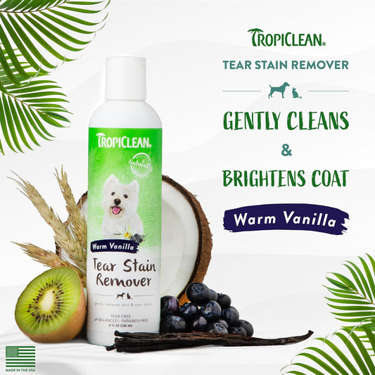 TropiClean Warm Vanilla Tear Stain Remover for Dogs | Tearless Blueberry Facial for Dogs | Ideal for White Dogs & All Other Coats | Cat Friendly | Made in the USA | 8 oz