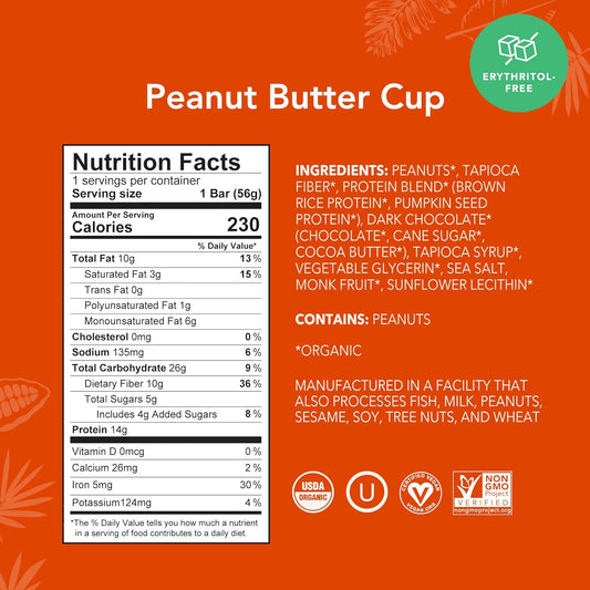 Aloha Organic Plant Based Protein Bars - Peanut Butter Cup Bar - 12 Bars, Vegan, Low Sugar, Gluten-Free, Low Carb, Non-Gmo, No Stevia, No Erythritol