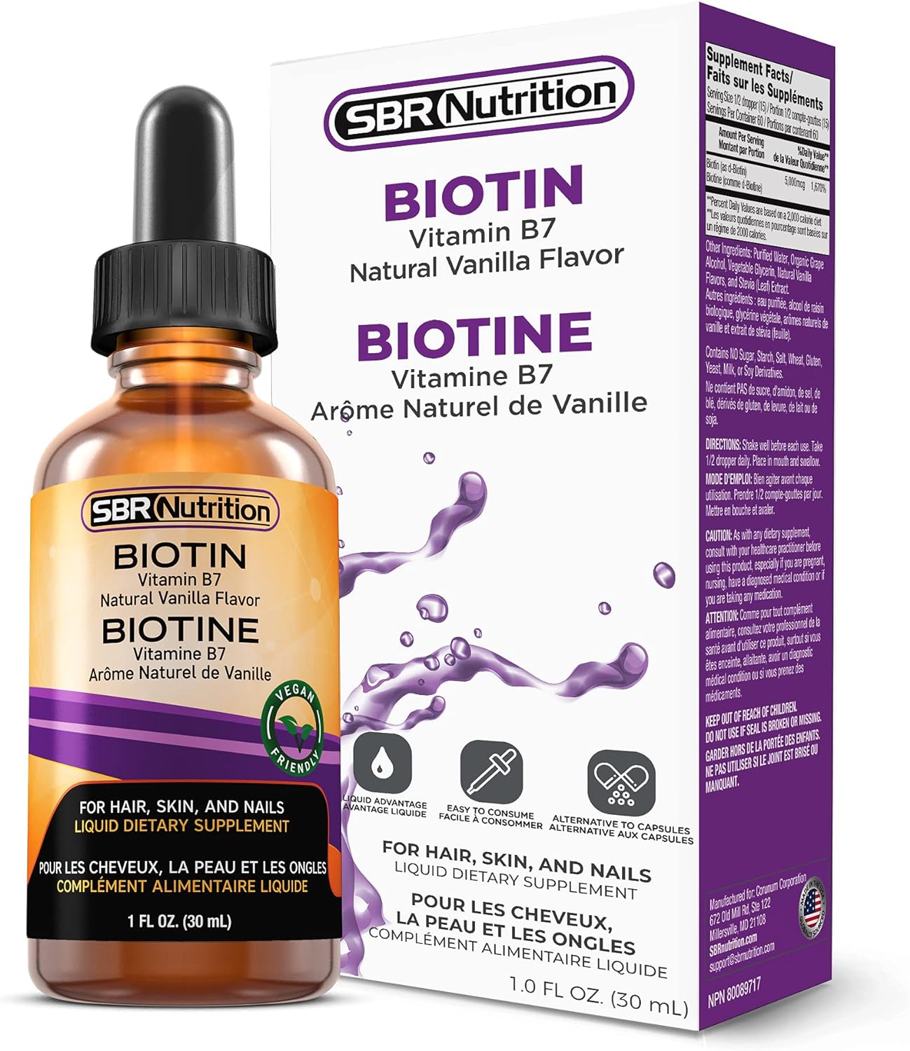 SBR Nutrition Biotin Liquid Drops, 5000mcg per Serving (60) 1.0Fl.oz (30ml) Vanilla : Health & Household