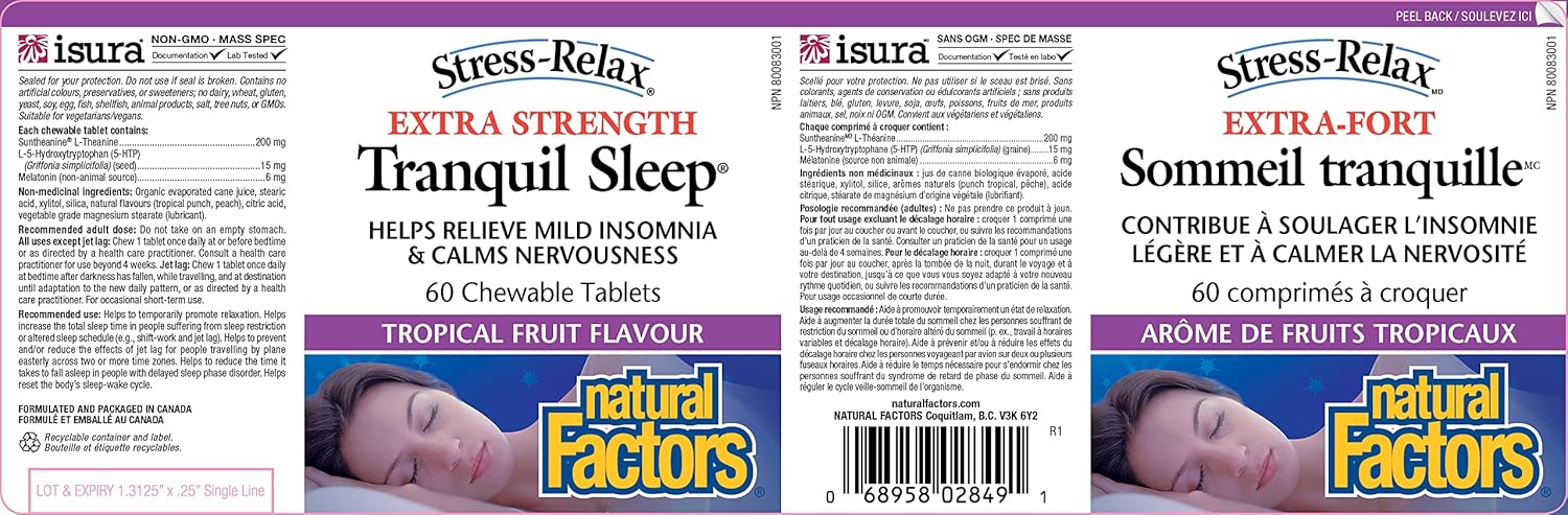 Natural Factors Stress-Relax Tranquil Sleep Extra Strength, Sleep Aid with Suntheanine L-Theanine, 5-HTP, Melatonin, 60 Tablets (60 Servings)