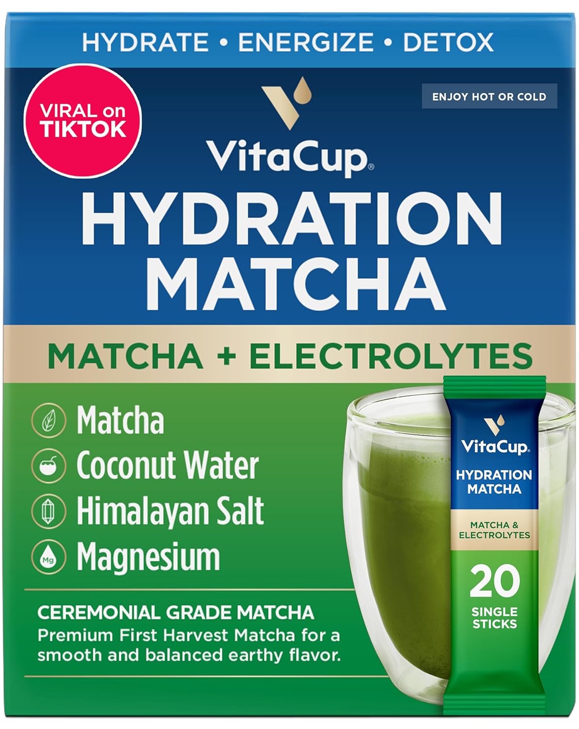 Vitacup Hydration Matcha Instant Packets, For Natural Energy And Detox, W/Electrolytes, Ceremonial Grade Organic Matcha, Coconut Water, Pink Himalayan Salt, Magnesium, In Single Serve Sticks, 20 Ct