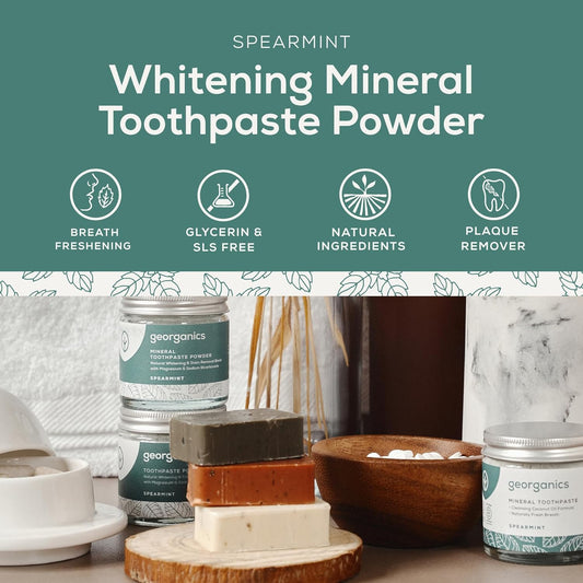 Georganics Mineral Toothpaste Powder - Peppermint - Stain Removing & Teeth Whitening Powder - 100% Natural - Sls, Glycerine & Fluoride Free - Certified Cosmos Natural, Vegan & Cruelty-Free - 60Ml