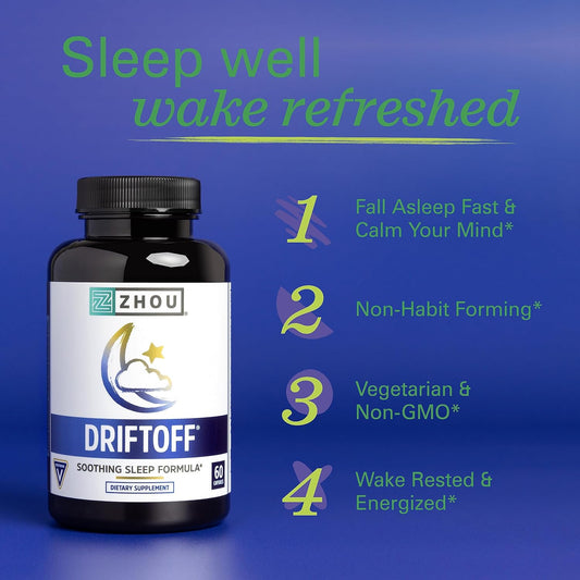 Zhou Drift Off Premium Sleep Aid With Valerian Root, Melatonin, Gaba | Sleep Well, Wake Refreshed | 30 Servings, 60 Veggie Caps