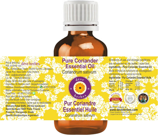Dève Herbes Coriander Essential Oil (Coriandrum Sativum) Pure | Non-Sticky | Non-Greasy | Lightweight | Men & Women | All Skin Types | Steam Distilled 10Ml (0.33 Oz)
