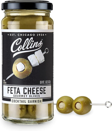 Collins Gourmet Feta Cheese Olives | Cheese-Stuffed Premium Garnish for Cocktails, Bloody Marys, Martinis, Salads, Meat Trays, 5oz