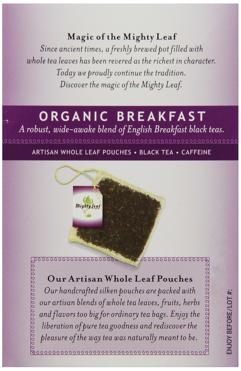 Mighty Leaf Whole Leaf Organic Breakfast Tea, 15 Tea Bags Individual Pyramid-Style Tea Sachets Of Organic Caffeinated Black, Delicious Hot Or Iced, Sweetened Or Plain
