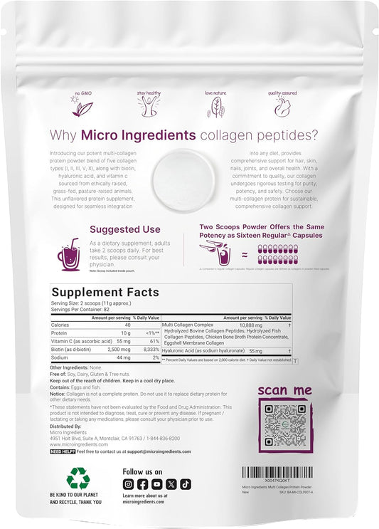 Micro Ingredients Multi Collagen Protein Powder, 2 Pounds – Type I,Ii,Iii,V,X With Biotin, Hyaluronic Acid, Vitamin C – Unflavored Collagen Peptides – Keto & Paleo Friendly, Easy Dissolve, Non-Gmo