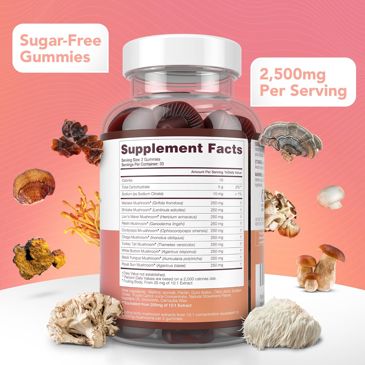 Sugar-Free Mushroom Complex Gummies - Potent 10x Mushroom Supplement with Lions Mane, Chaga, Reishi, Cordyceps (2500mg) Natural Stress Support Calm Gummies, Nootropic Focus Gummies, No Sugar or Pills : Health & Household