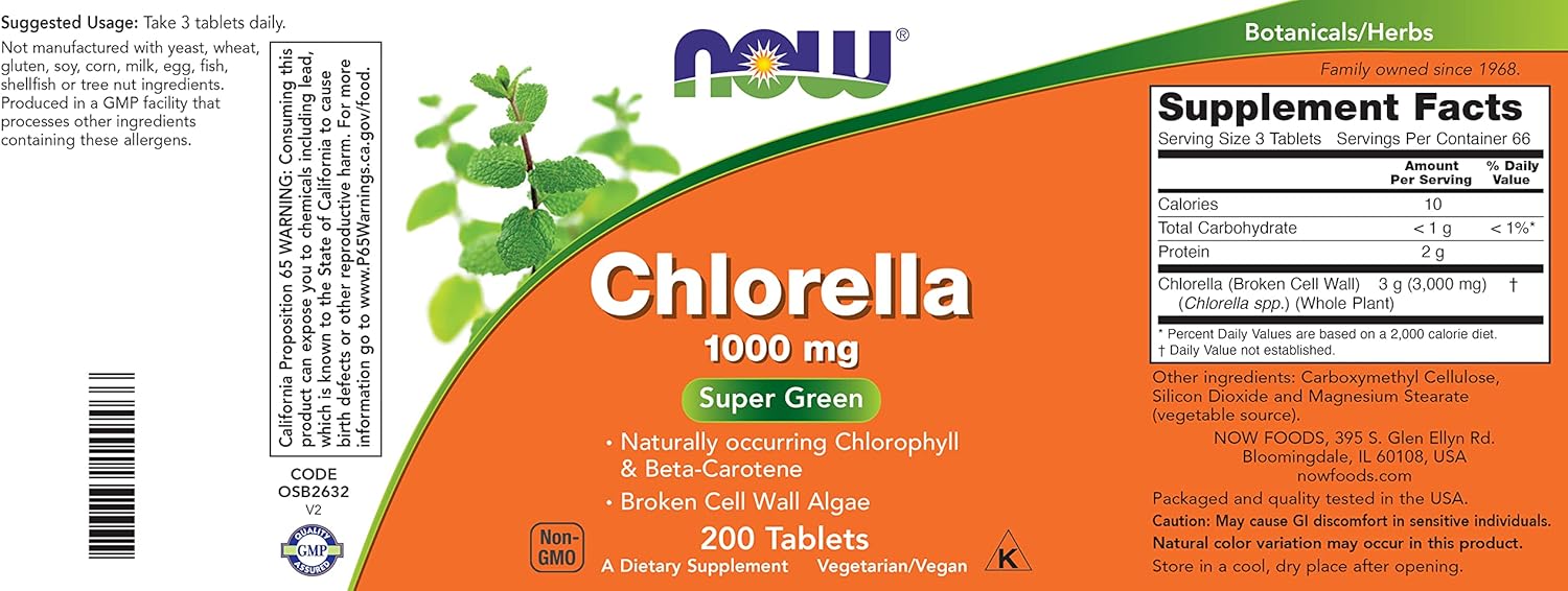 Now Chlorella Tablets,1000mg, 200 Tabs - Premium, Non-GMO Microalgae - Green Superfood Supplement : Health & Household