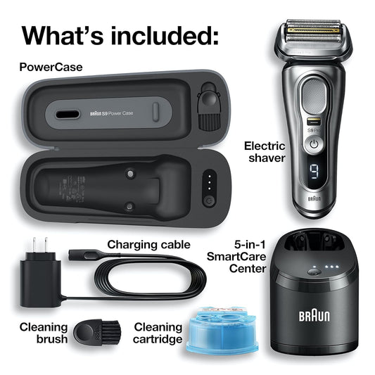 Braun Electric Razor For Men, Waterproof Foil Shaver, Series 9 Pro 9477Cc, Wet & Dry Shave, With Portable Charging Case, Prolift Beard Trimmer, 5-In-1 Cleaning & Charging Smartcare Center, Silver