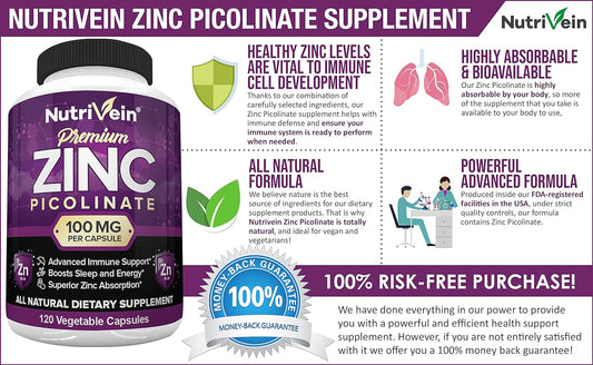 Nutrivein Premium Zinc Picolinate 100mg - 120 Capsules - Immunity Defe