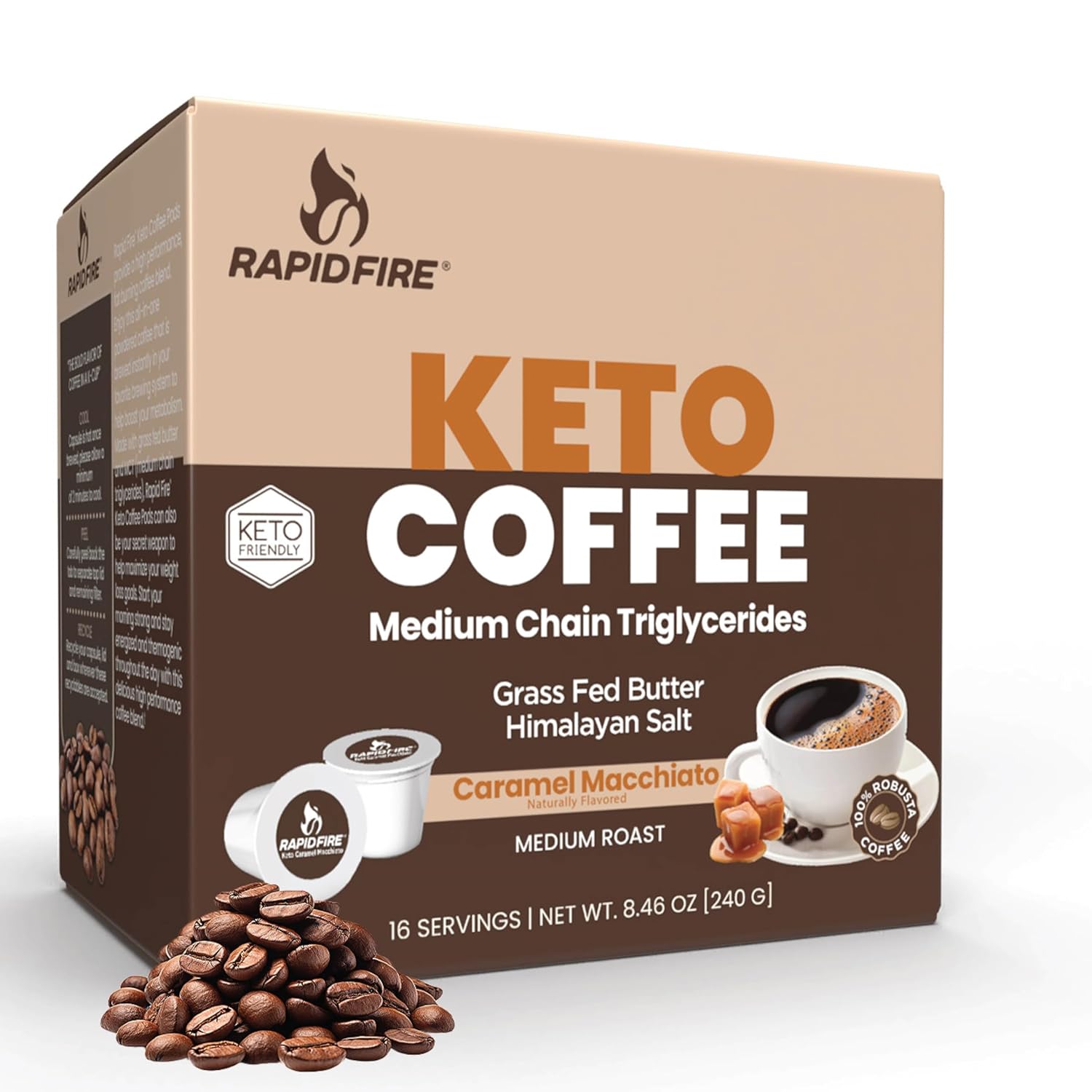 Rapidfire Caramel Macchiato Ketogenic High Performance Keto Coffee Pods, Supports Energy & Metabolism, Weight Management, Single Serve K Cup, Brown, 16 Count