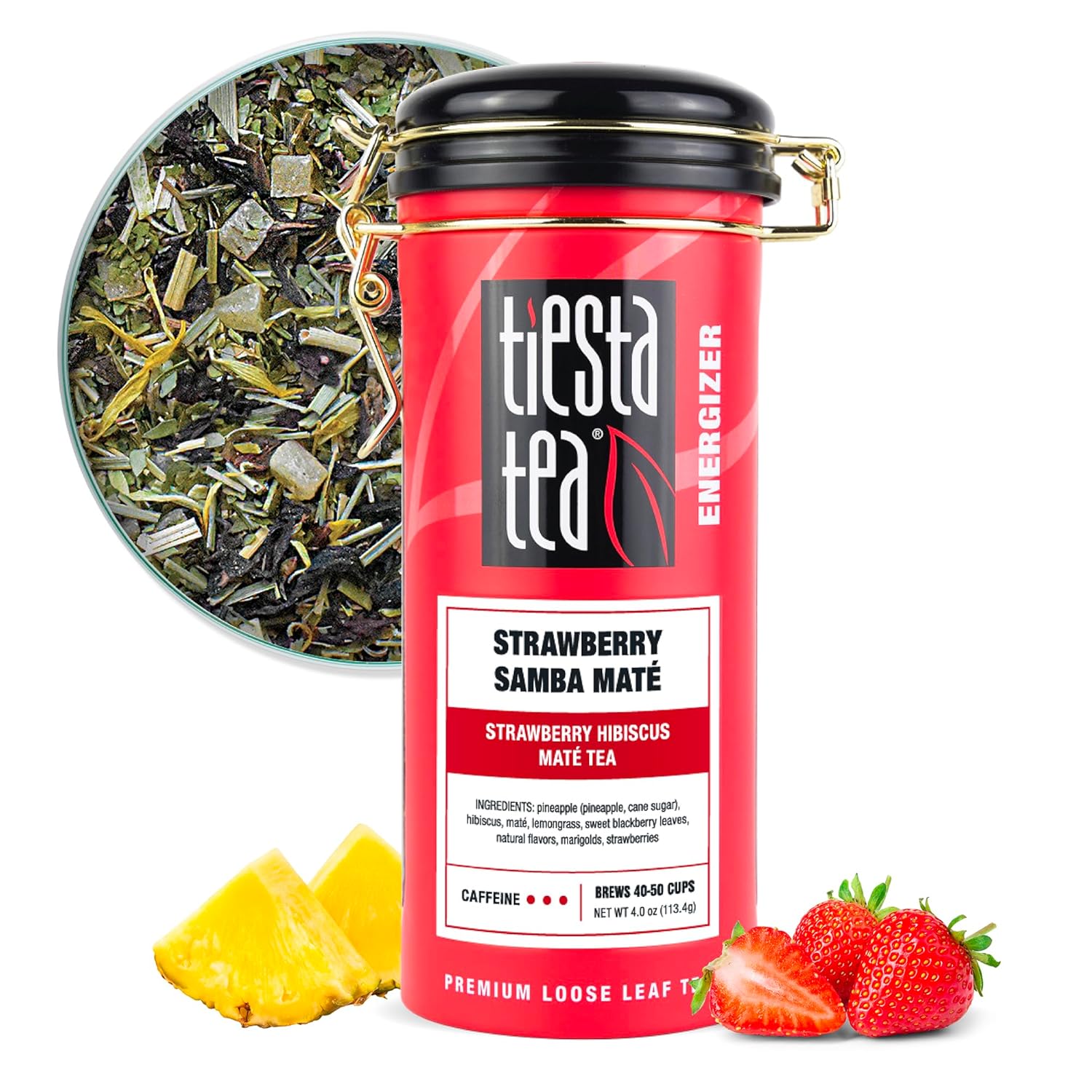 Tiesta Tea - Strawberry Samba Mate - Strawberry Hibiscus Mate Tea - Loose Leaf Tea Blend - High Caffeinated Fruit Tea - Make Hot Or Iced Tea Up To 50 Cups - 4 Oz Refillable Tin