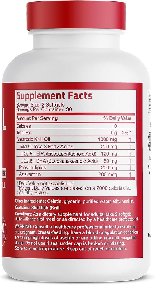 Bronson Antarctic Krill Oil 1000 mg with Omega-3s EPA, DHA, Astaxanthin and Phospholipids 60 Softgels