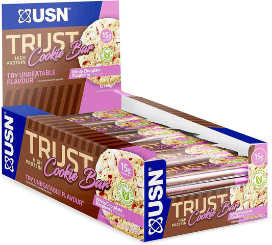 Usn Trust Cookie Bar, White Chocolate & Raspberry Protein Cookie: High Protein Bars, Perfect On-The-Go & Post-Workout Protein Snacks (12 X 60G Bars Per Pack)