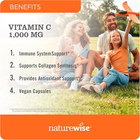 Naturewise Vitamin C 1000Mg Capsules - Extra Strength Dietary Supplement For Daily Immune Support & Collagen Synthesis - Vegan, Non-Gmo, Gluten Free - 360 Count[1-Year Supply]