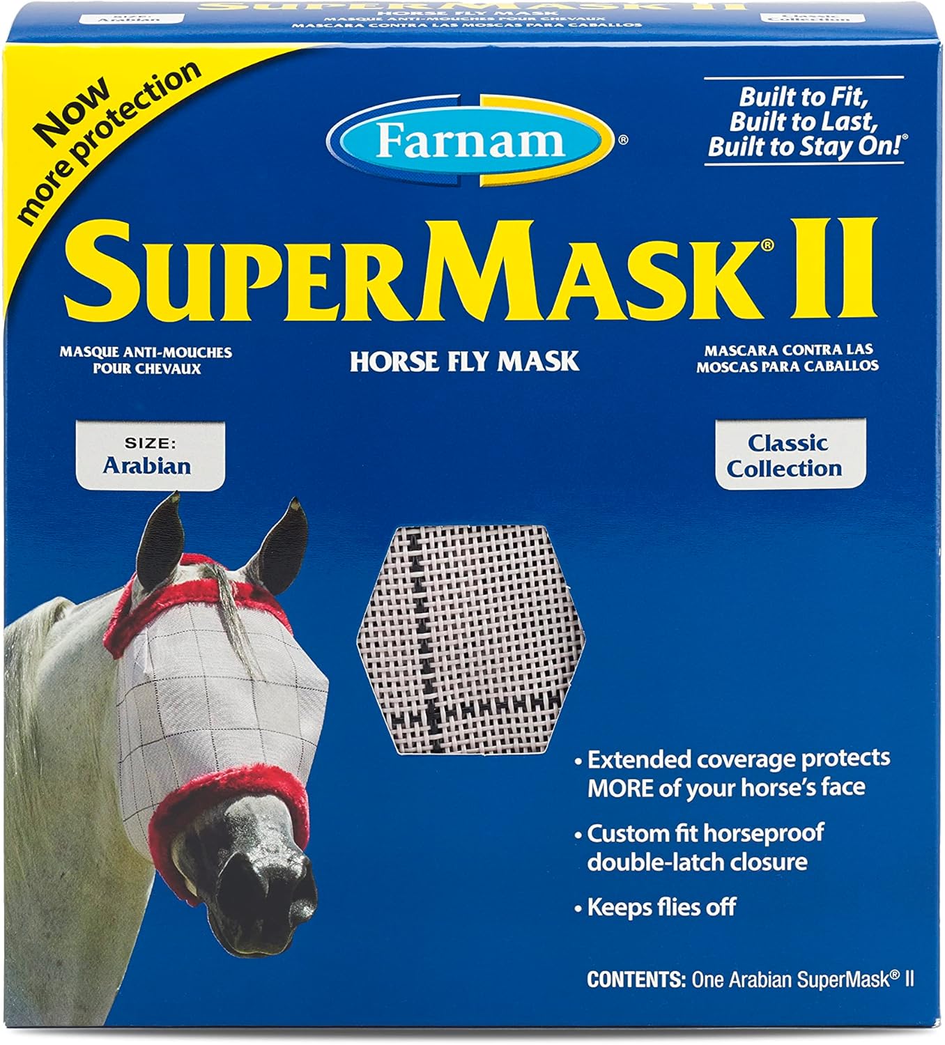 Farnam Supermask Ii Fly Mask Without Ears For Smaller Horses Or Arabian Horses,Full Face Coverage & Eye Protection From Insect Pests, Structured Classic Mesh With Plush Trim,Small Horse/Arabian Size