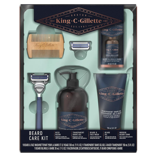 King C. Gillette Grooming Kit, 1 Razor With 2 Blade Refills,1 Oz Beard Oil, 11 Oz Beard Wash, 5 Oz Shave Gel, 1 Comb