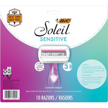 BIC Soleil Sensitive Women's Disposable Razors, 3 Blades With Moisture Strip For a Silky Smooth Shave for women, 10 Piece Razor Set