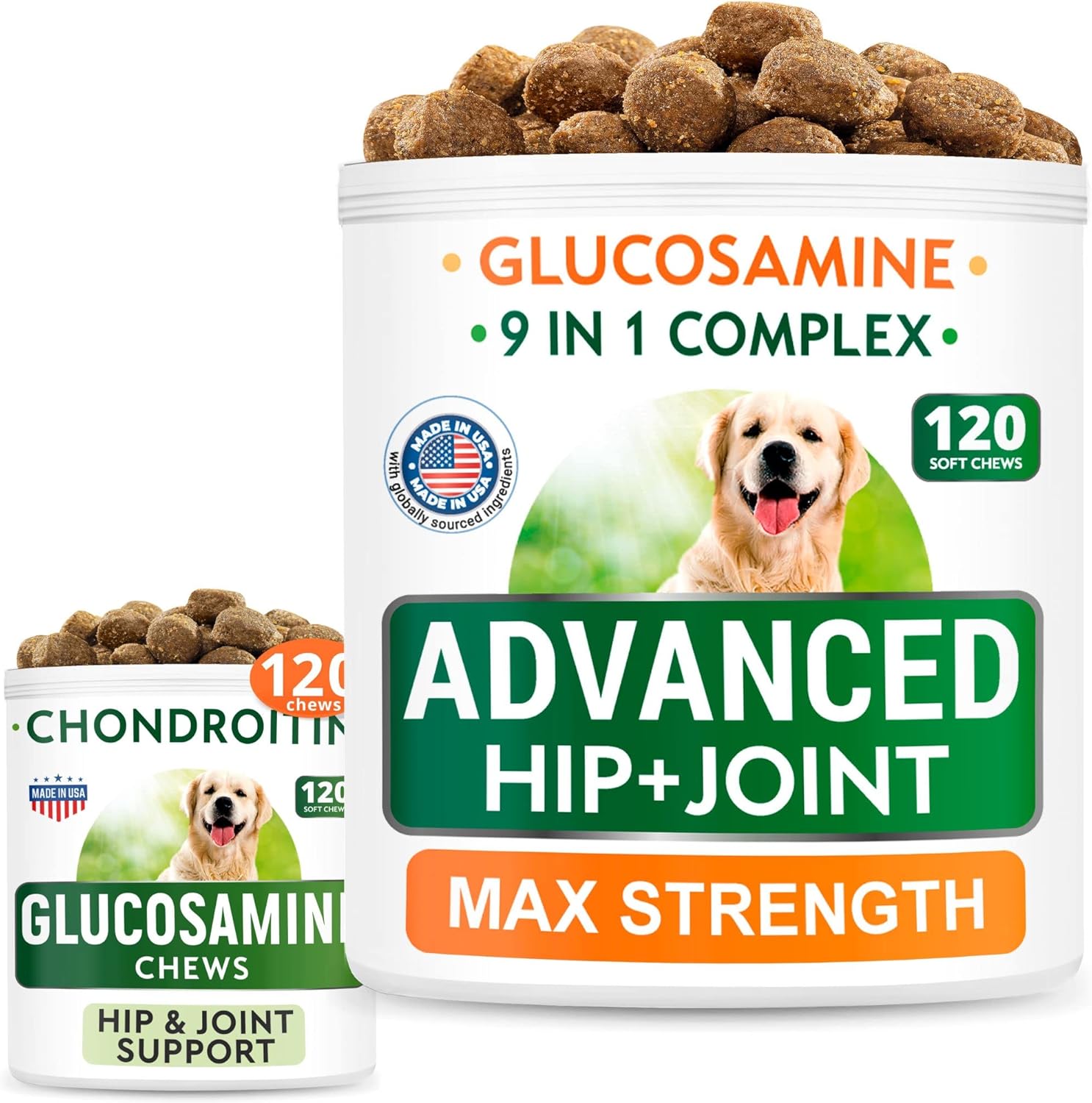 Senior Advanced Glucosamine + Glucosamine Dog Treats Bundle - Old Dog Joint Pain Relief + Hip & Joint Care - Advanced Formula Chondroitin, Msm, Omega-3 - Bacon + Chicken Flavor - 240Ct - Made In Usa