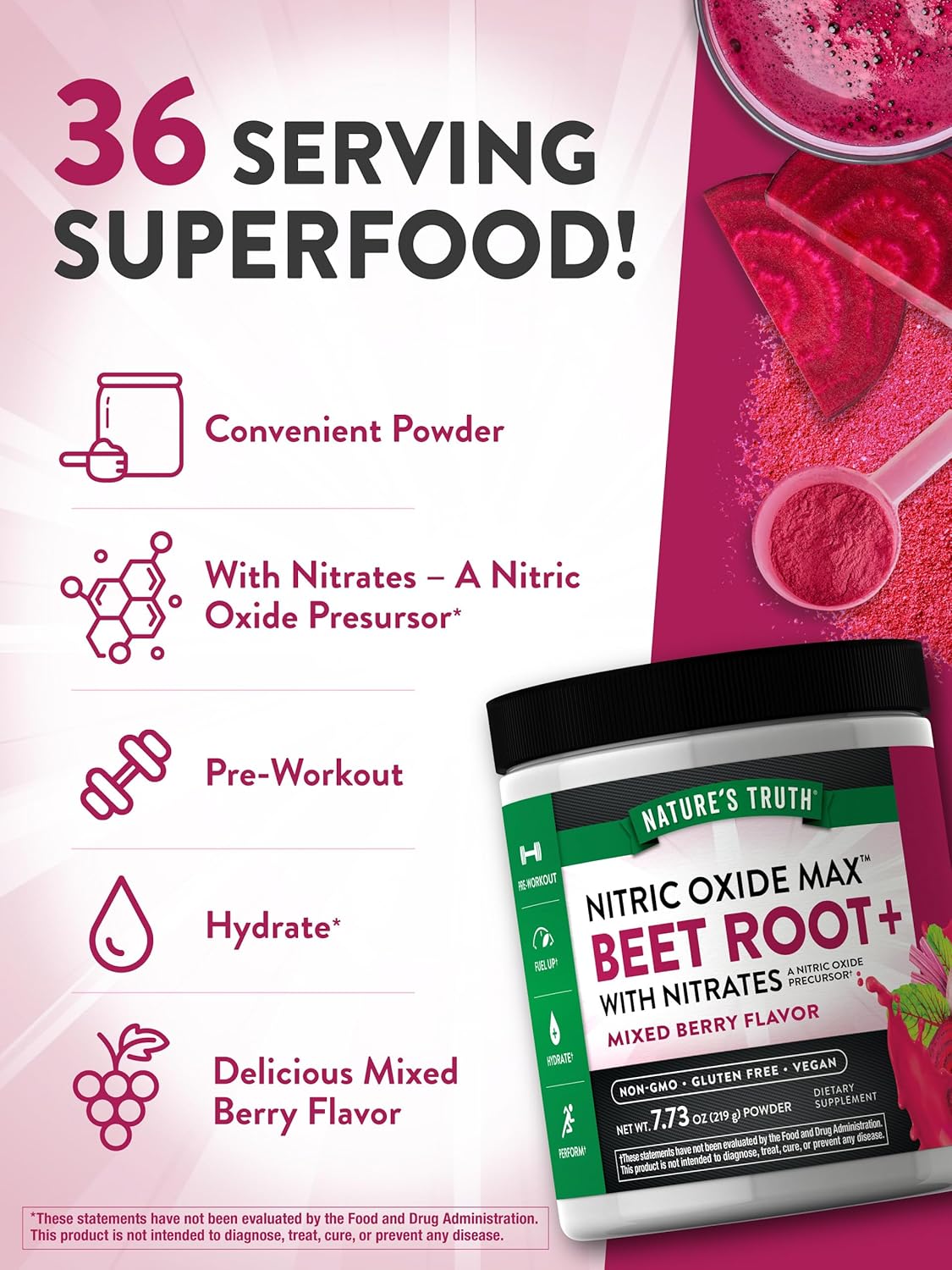 Nature's Truth Beet Root Powder | 7.73 oz | Nitric Oxide Supplement for Men and Women | Vegan, Non-GMO & Gluten Free Pre-workout | Mixed Berry Flavor : Health & Household