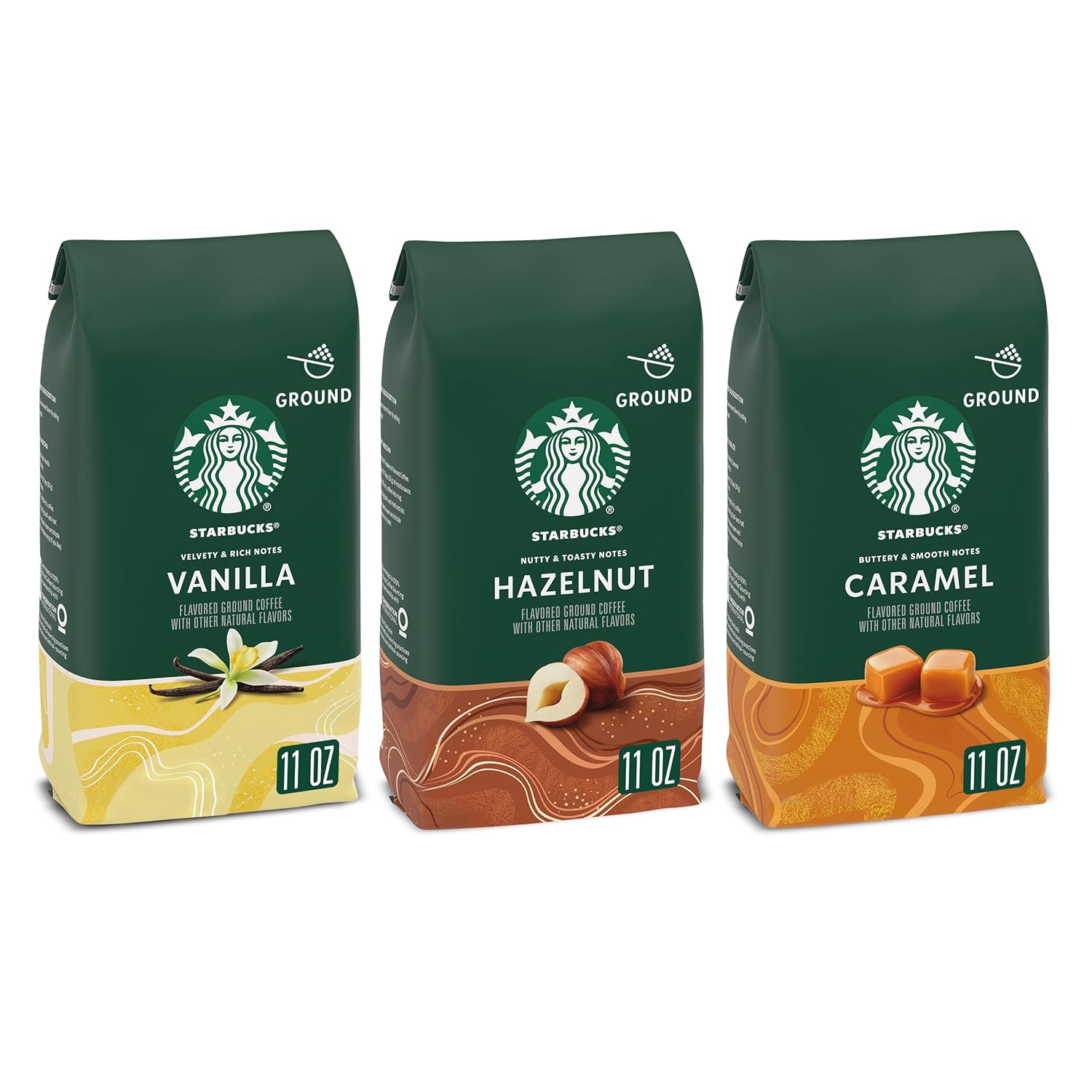 Starbucks Flavored Ground Coffee, Variety Pack, Naturally Flavored, 3 Bags (11 Oz Each)