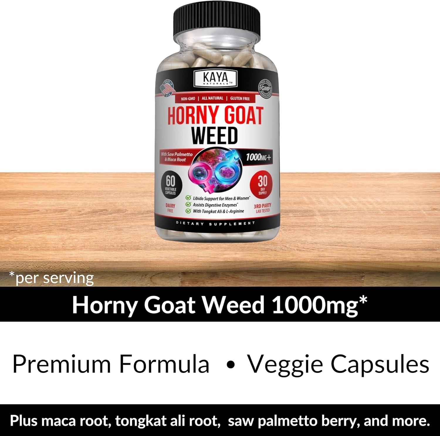 Kaya Naturals Horny Goat Weed Extract for Adult Enhancement - 1560mg Maca | Extra Strength Complex with Saw Palmetto Ginseng, Arginine Libido Enhancing Vitamin Supplement | Horny Goat Weed - 60 Count : Health & Household