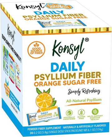 Konsyl Daily Fiber Orange 100% Natural Psyllium Husk Powder - Sugar Free and Gluten Free - 30 Individual Stickpacks : Health & Household