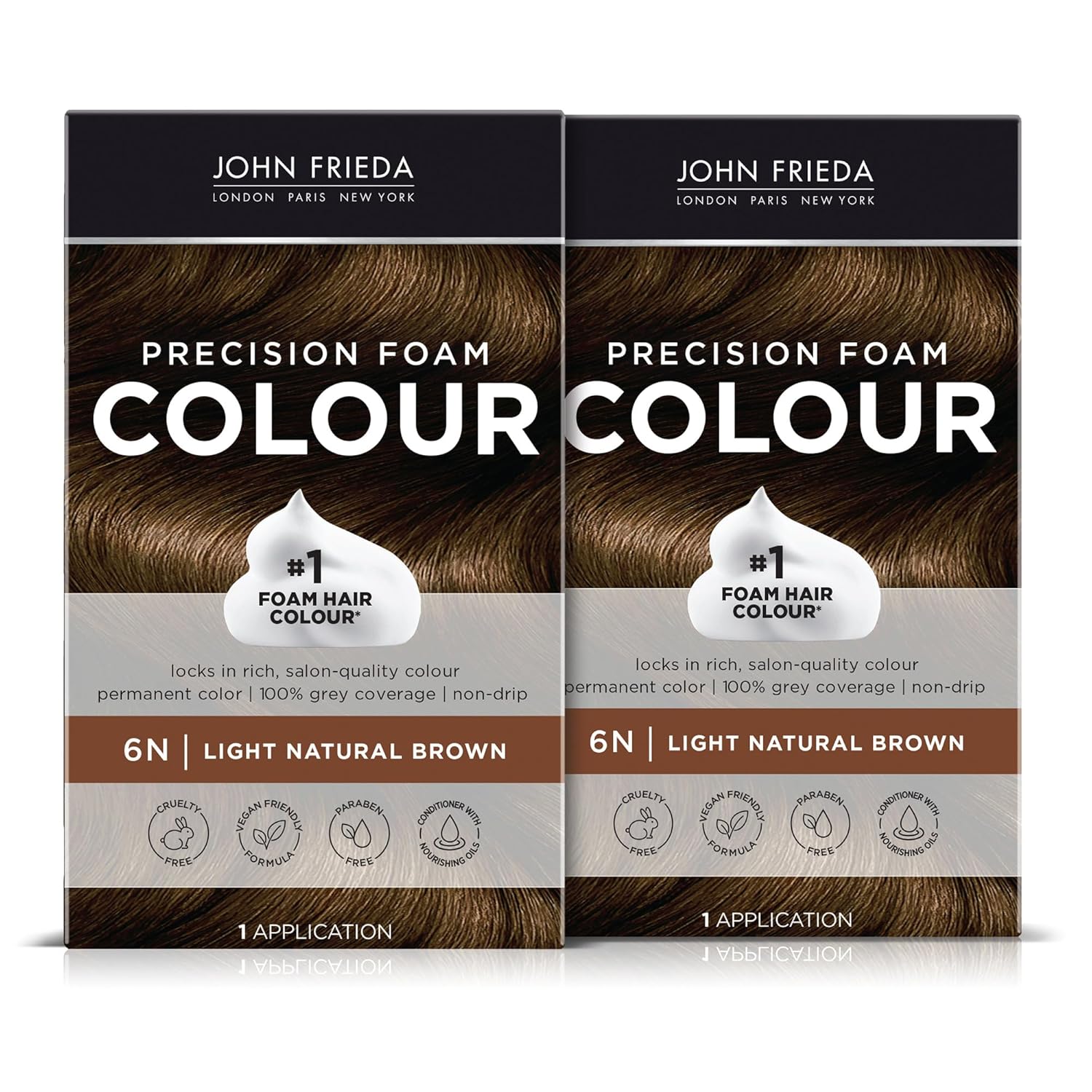 John Frieda Precision Foam Hair Color, Light Natural Brown 6N, Full-Coverage Hair Color Kit, With Thick Foam For Deep Color Saturation (Pack Of 2)