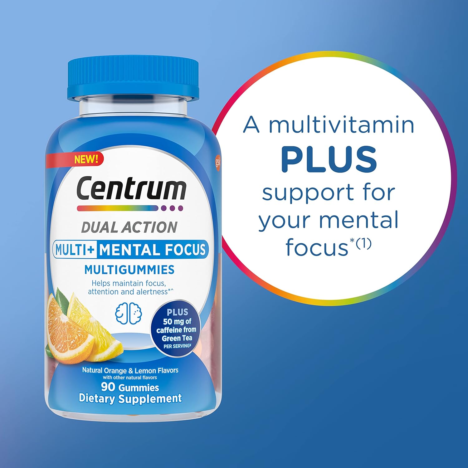 Centrum MultiGummies Multi+ Dual Action Mental Focus Adult Multivitamin with Caffeine from Green Tea, Supports Mental Focus, Attention and Alertness, Lemon/Orange Flavors - 90 Count : Health & Household