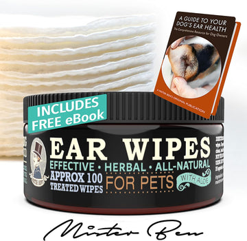 Mister Ben's Original XXL Treated Ear Cleaner Wipes w/Aloe for Dogs, Cats Small Pets – Most effective wipes that soothe & clean odors, itching, and irritations – Approx 100 extra large 3" Pads