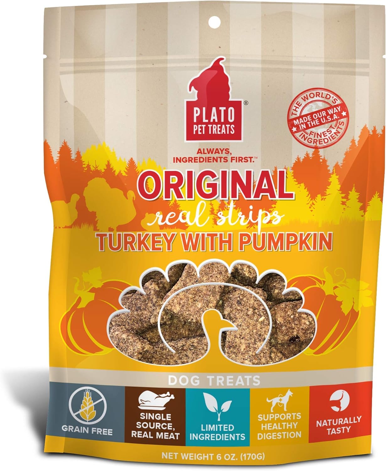 PLATO Turkey Real Strips Natural Dog Treats - Real Meat - Air Dried - Made in the USA - Turkey & Pumpkin, 6 ounces