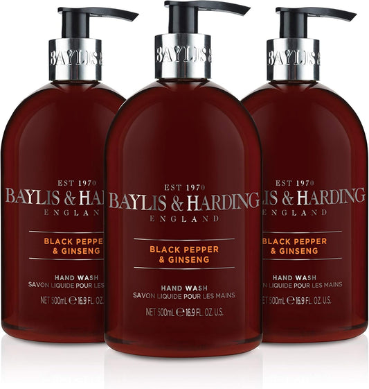 Baylis & Harding Signature Hand Wash Bundle: 3 X 500 Ml Black Pepper & Ginseng For Men & 3 X 500 Ml Jojoba, Vanilla & Almond Oil (6 Bottles) - Vegan Friendly