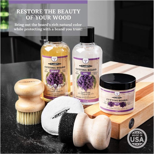 CLARK'S Cutting Board Care Kit - Includes Mineral Oil - Finishing Wax (6oz) - Applicator - Scrub Brush - Buffing Pad - Infused with Lavender and Rosemary Extract - Features Clark's Cutting Board Wax