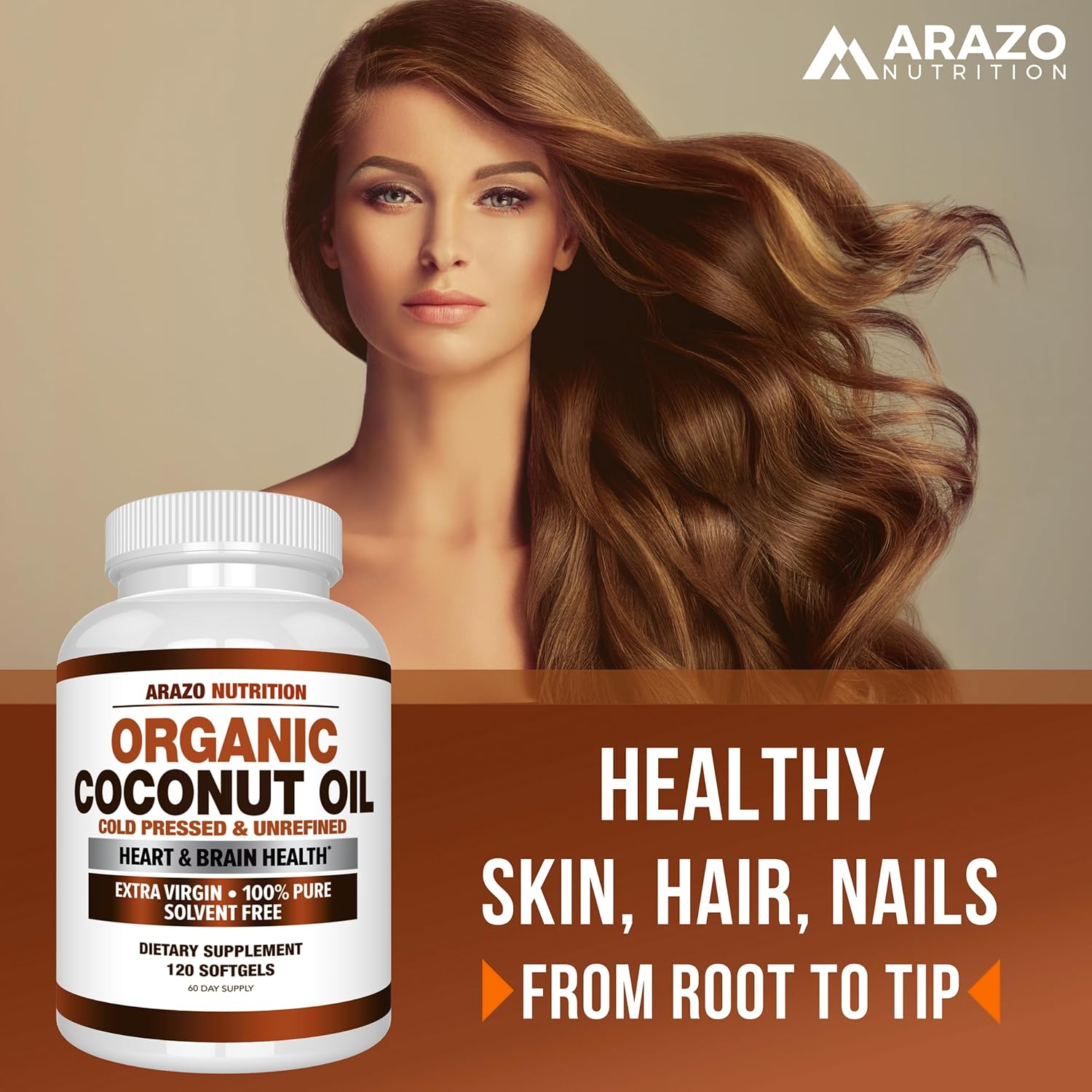 Arazo Nutrition Organic Coconut Oil 2000 MG - 100% Extra Virgin Unrefined Cold Pressed for Weight Support, Skin, Hair, Nails - 120 Softgel Capsules : Health & Household