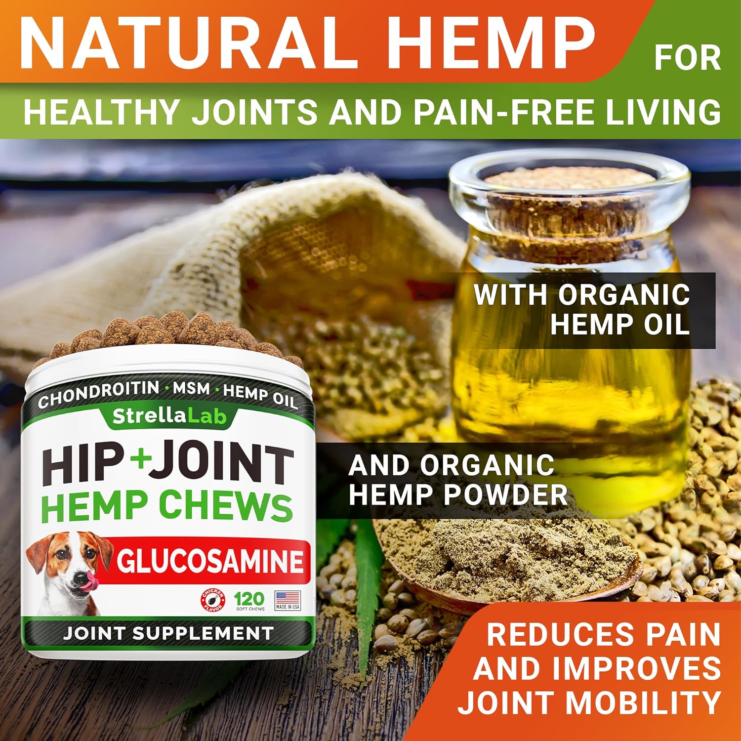 Hemp Treats - Glucosamine Dog Joint Supplement + Omega 3 - w/Hemp Oil - Chondroitin, MSM - Advanced Mobility Chews - Joint Pain Relief - Hip & Joint Care - Chicken Flavor - 120 Ct - Made in USA : Pet Supplies