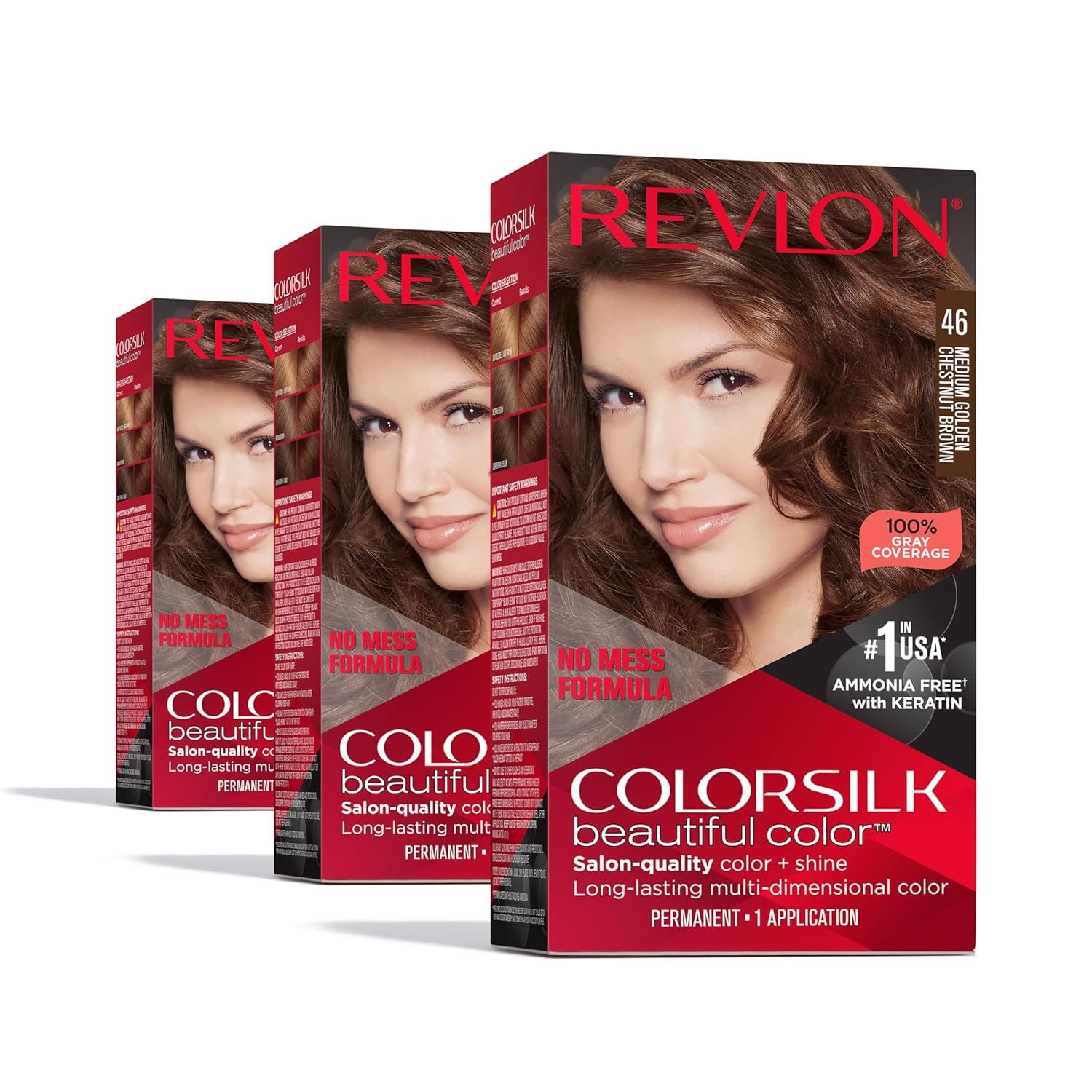 Revlon Colorsilk Beautiful Color Permanent Hair Color, Long-Lasting High-Definition Color, Shine & Silky Softness With 100% Gray Coverage, Ammonia Free, 46 Medium Golden Chestnut Brown, 3 Pack