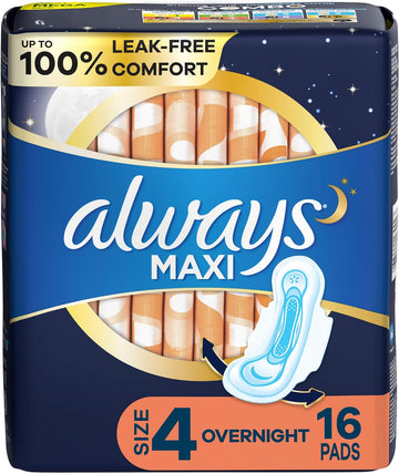 Always, Maxi Pads for Women, Size 4, Overnight Absorbency with Wings, 16 Count