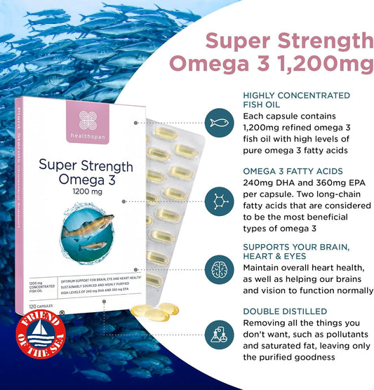 Healthspan Super Strength Omega 3 1,200Mg | Brain, Heart & Eye Health | 240Mg Dha & 360Mg Epa Per Capsule| Highly Purified To Remove Toxins | Sustainably Sourced Fish Oil (60 Capsules)