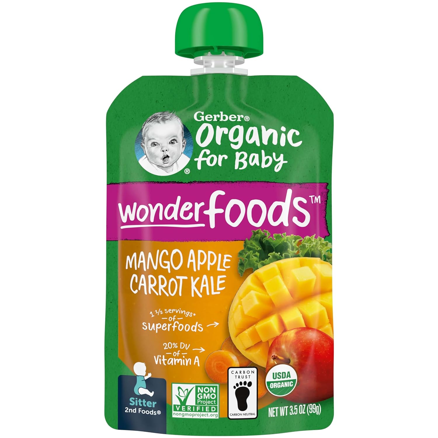 Gerber Organic Baby Food Pouches, 2nd Foods for Sitter, WonderFoods, Mango Apple Carrot Kale, 3.5 Ounce (Pack of 12)