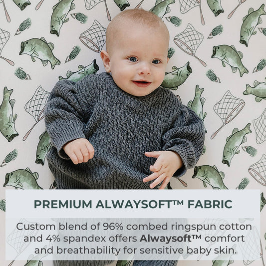 Pobibaby - 2 Pack Premium Pack N Play Sheets Fitted For Standard Pack And Plays And Mini Cribs - Ultra-Soft Jersey Knit, Stylish Floral Pattern, Safe And Snug For Baby (Gone Fishing)