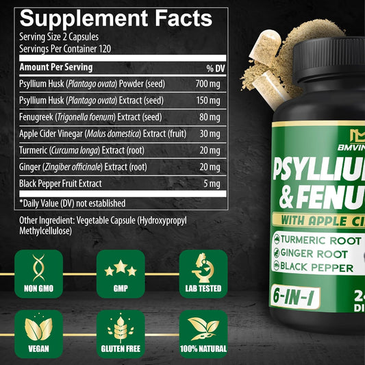 Bmvinvol 6In1 Psyllium Husk, Fenugreek, Apple Cider Vinegar, Turmeric, Ginger, Black Pepper - Soluble Fiber For Supports Digestive Health & Regularity - 120 Capsules [2-Month Supply]