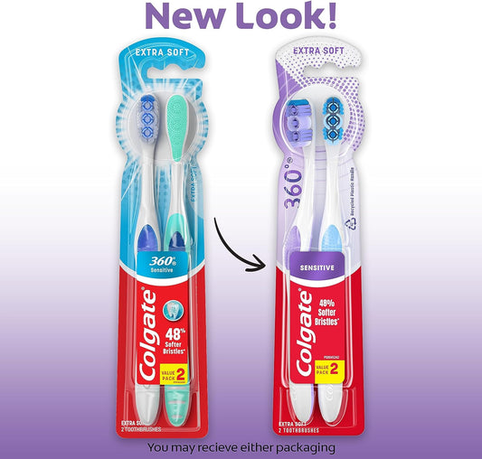 Colgate 360 Extra Soft Toothbrush for Sensitive Teeth and Gums with Tongue and Cheek Cleaner, 2 Pack