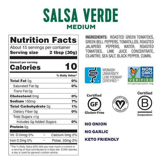 Fody Foods Salsa Verde, 16 Oz, Garlic And Onion Free, Low Fodmap Certified, Gut & Ibs Friendly, Vegan, Non-Gmo, Gluten Free, Keto Friendly
