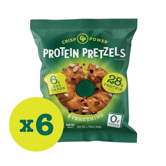 Crisp Power High Protein Pretzel Crisps - 6 Pack X 1.75 Oz Crunchy & Flavorful Plant-Based Snack. No Sugar, 28G Protein Per Pack In 3 Savory Flavors, Vegan, Keto Friendly, Non-Gmo, Kosher Non-Dairy (1.75 Ounce (Pack Of 6), Everything)