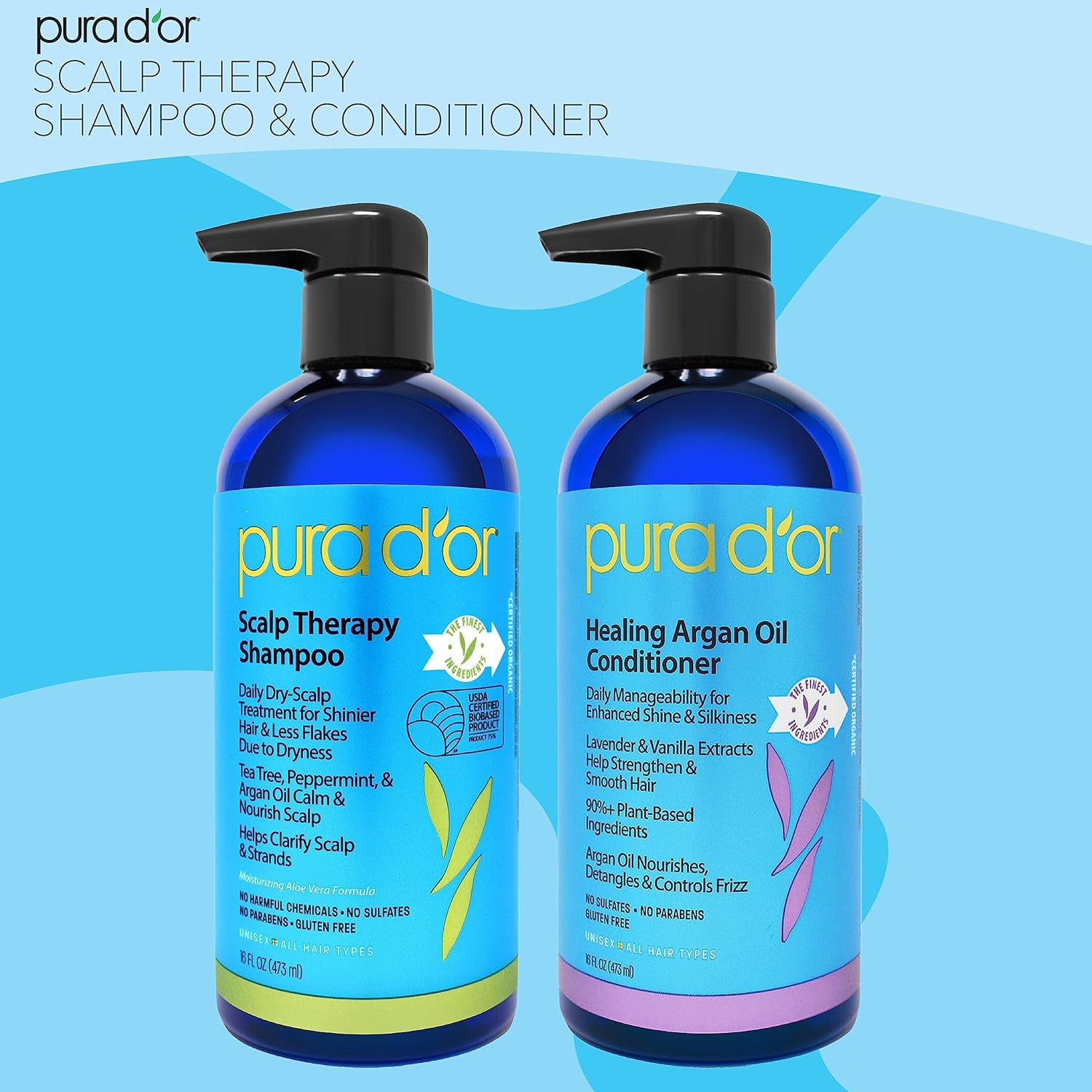 PURA D'OR Scalp Therapy Shampoo & Healing Conditioner Set(16 fl oz x 2) For Dry, Itchy Scalp - Hydrates & Nourishes Hair with Tea Tree,Argan Oil & Biotin, All Hair Types, Men Women(Packaging May Vary) : Beauty & Personal Care